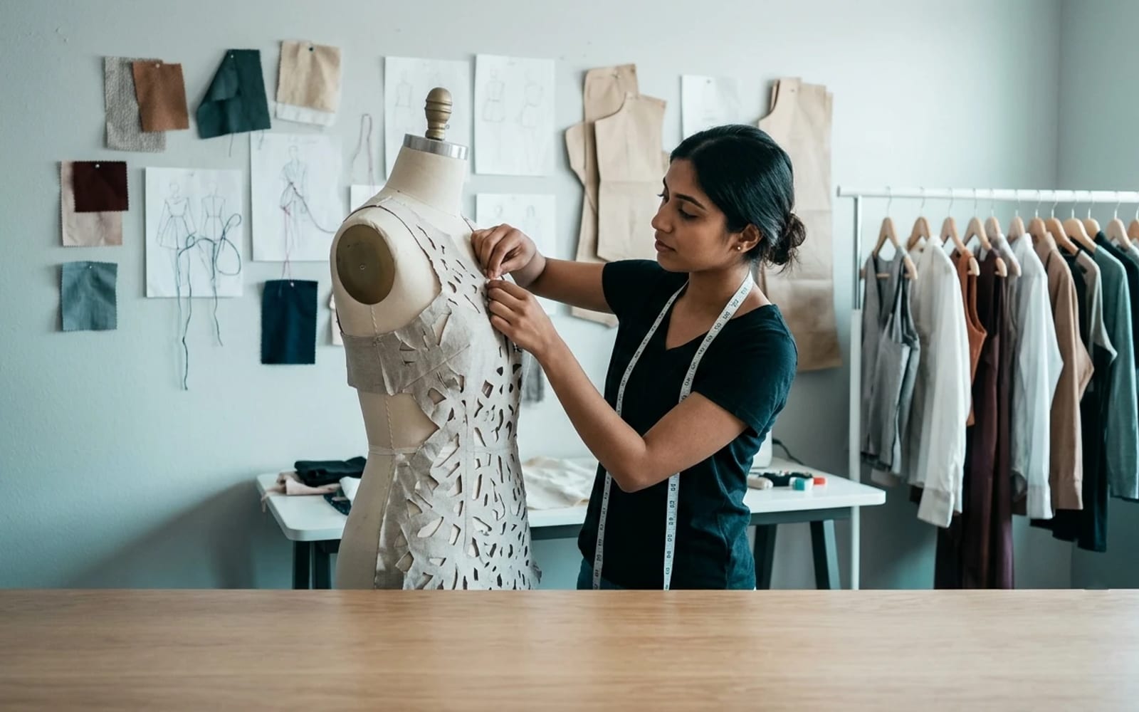 A fashion designer pinning a garment on a dress form in a studio, sketches and fabric swatches on the wall behind