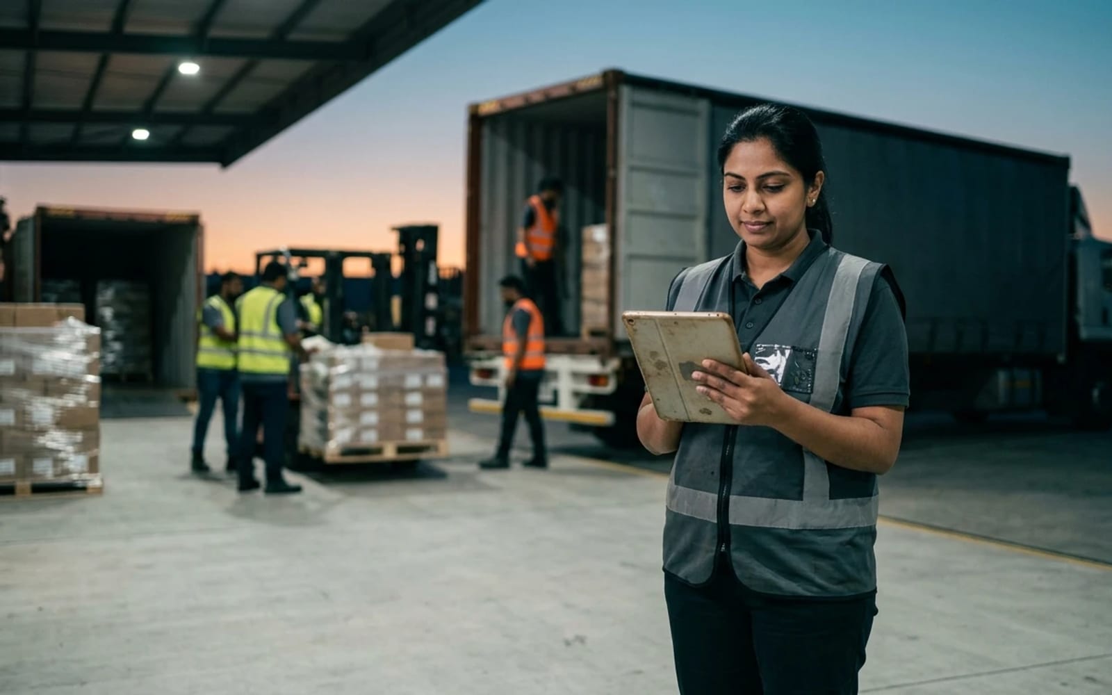 An operations manager in a high-visibility vest checking a tablet on a loading dock at dusk while a truck is loaded behind her
